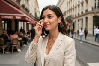 Jeune femme appliquant de la crème solaire en milieu urbain dans une rue parisienne animée