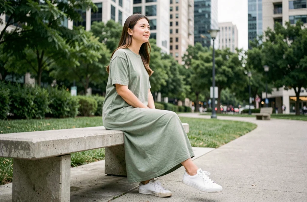 Femme en robe longue verte portée avec des baskets blanches dans un parc urbain moderne