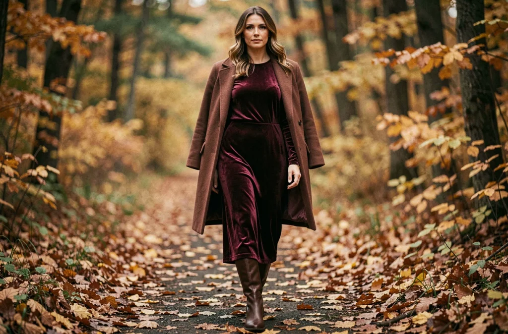 Femme portant une robe longue bordeaux en velours avec des bottes en cuir sur un chemin automnal
