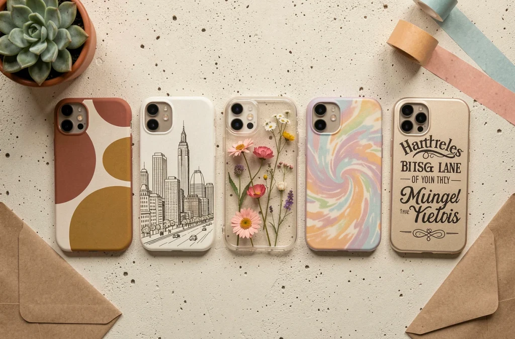 Sélection de cinq coques de téléphone originales et personnalisées avec des designs uniques, photographiées en vue de dessus sur fond béton