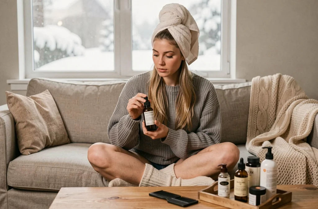 Jeune femme en pull tricoté lisant l'étiquette d'un sérum capillaire après son soin cheveux en hiver