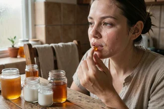 Jeune femme appliquant un baume naturel au miel sur des lèvres abîmées dans une cuisine rustique