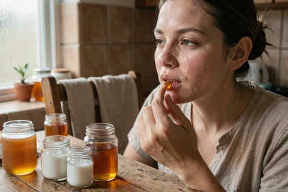 Jeune femme appliquant un baume naturel au miel sur des lèvres abîmées dans une cuisine rustique