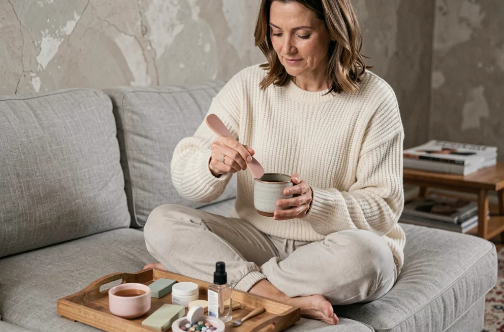 Femme prenant soin de ses ongles avec un buffer sur un canapé gris lors d'une séance de manucure maison détendue
