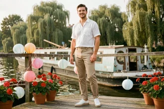 Jeune homme en tenue guinguette pas chère avec chemise en lin blanc, chino beige et espadrilles, au bord d'une rivière française en été