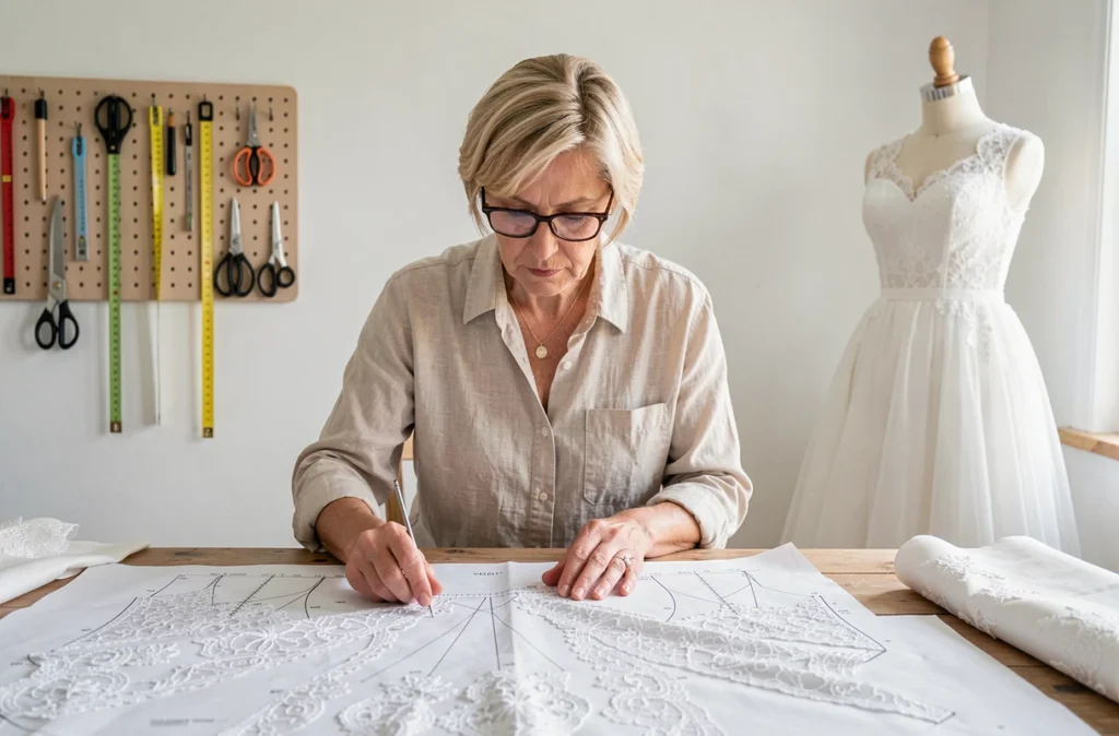 Couturière d'Anne Couture examinant un patron de robe de mariée en dentelle dans un studio lumineux en Aquitaine