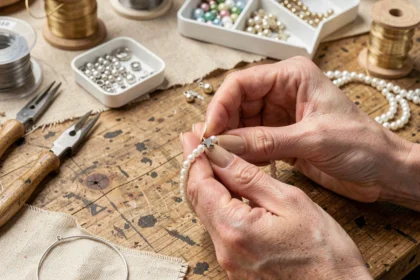 Mains arrangeant un bracelet de perles et une breloque étoile argentée sur une table d'atelier en bois