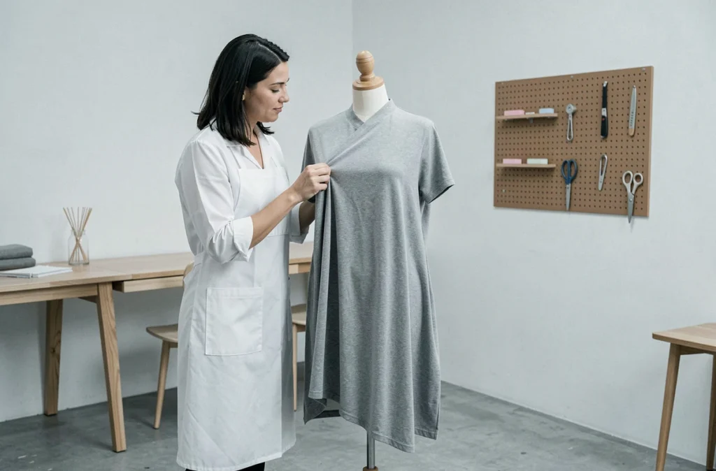 Couturière de l'Atelier LM drapant un tissu jersey gris sur un mannequin dans un atelier moderne au design épuré