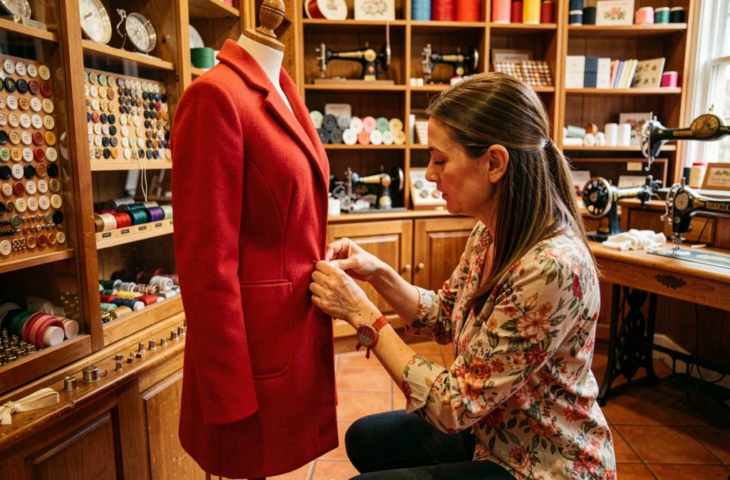 Couturière Au Dé A Coudre épinglant l'ourlet d'un manteau rouge dans une mercerie chaleureuse remplie de boutons et d'accessoires de couture