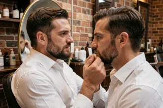 Homme aux 30 ans avec une barbichette courte et soignée assis dans un fauteuil de barbier devant un miroir vintage