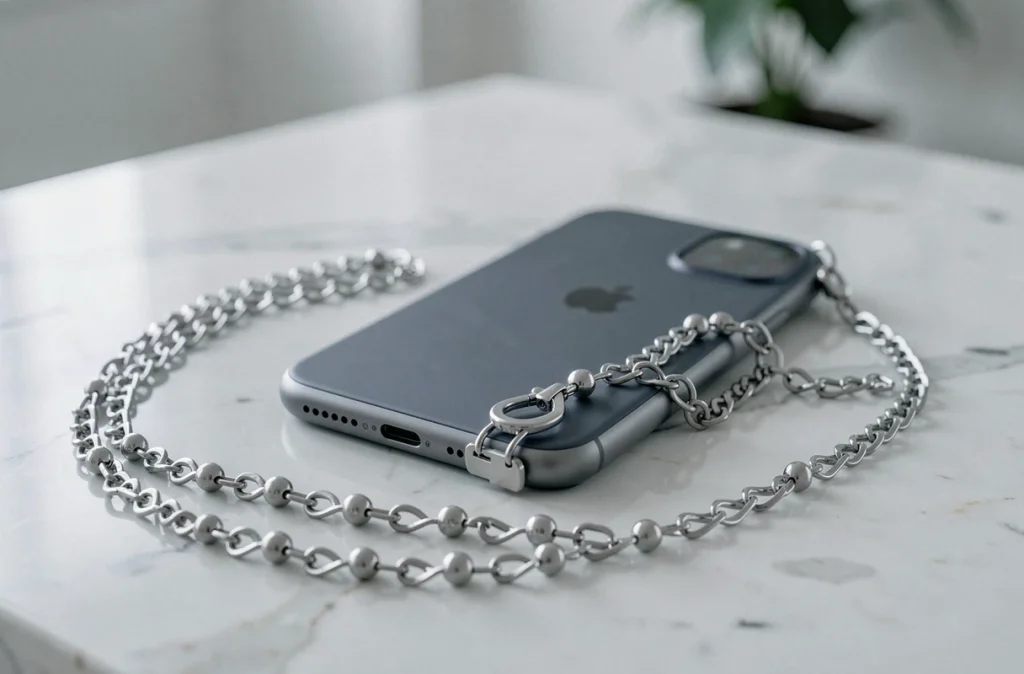 Gros plan d'un smartphone posé sur marbre avec une chaîne anti-chute argentée et perles décoratives