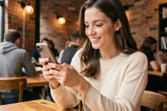 Jeune femme tenant son smartphone avec une chaîne anti-chute dorée autour du poignet dans un café urbain