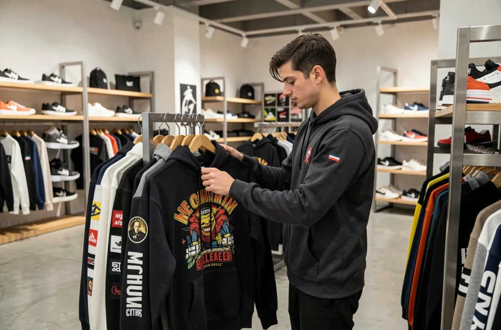Intérieur d'une boutique streetwear multimarques à Lille avec un jeune homme parcourant des vêtements urbains