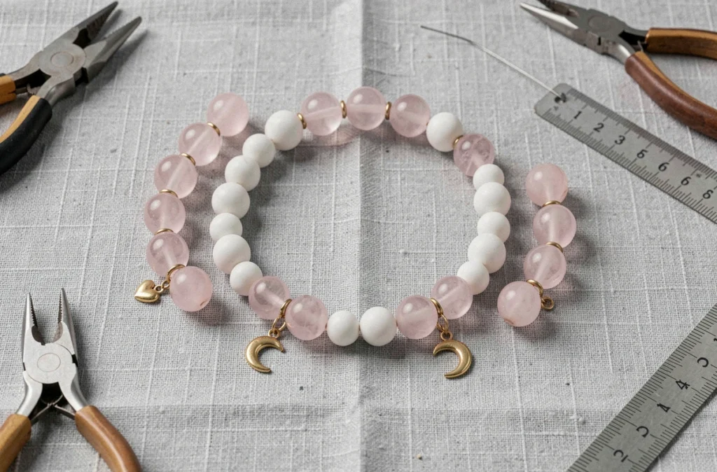 Flat-lay d'un collier en cours d'assemblage avec des perles en quartz rose et des breloques dorées sur lin gris