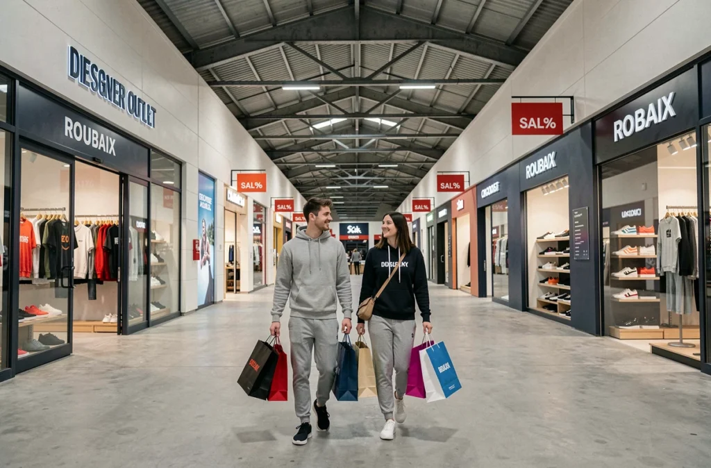 Couple portant des sacs de shopping de marques streetwear dans les allées du Designer Outlet de Roubaix