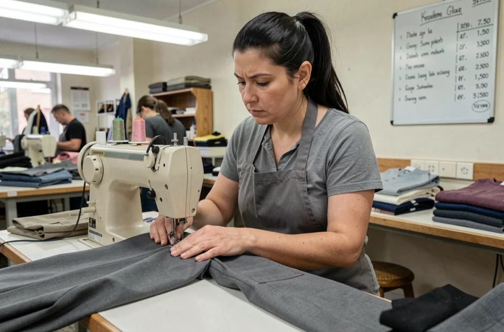 Couturière d'Express Couture Angoulême cousant rapidement un pantalon sur machine dans un atelier d'retouche professionnel