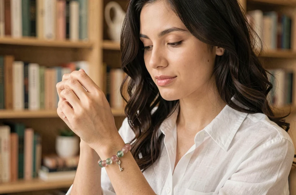 Jeune femme tenant un bracelet breloques et perles en verre coloré près de son poignet dans un intérieur cosy