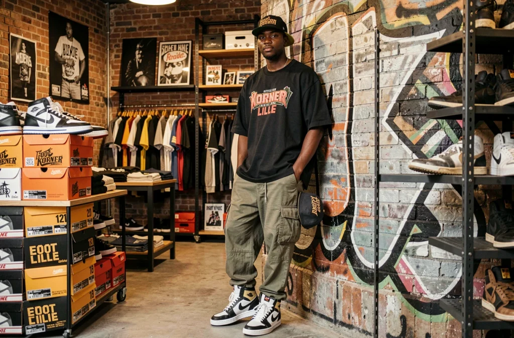 Boutique streetwear Foot Korner à Lille avec ambiance hip-hop, un jeune homme en tenue urbaine devant un mur graffiti