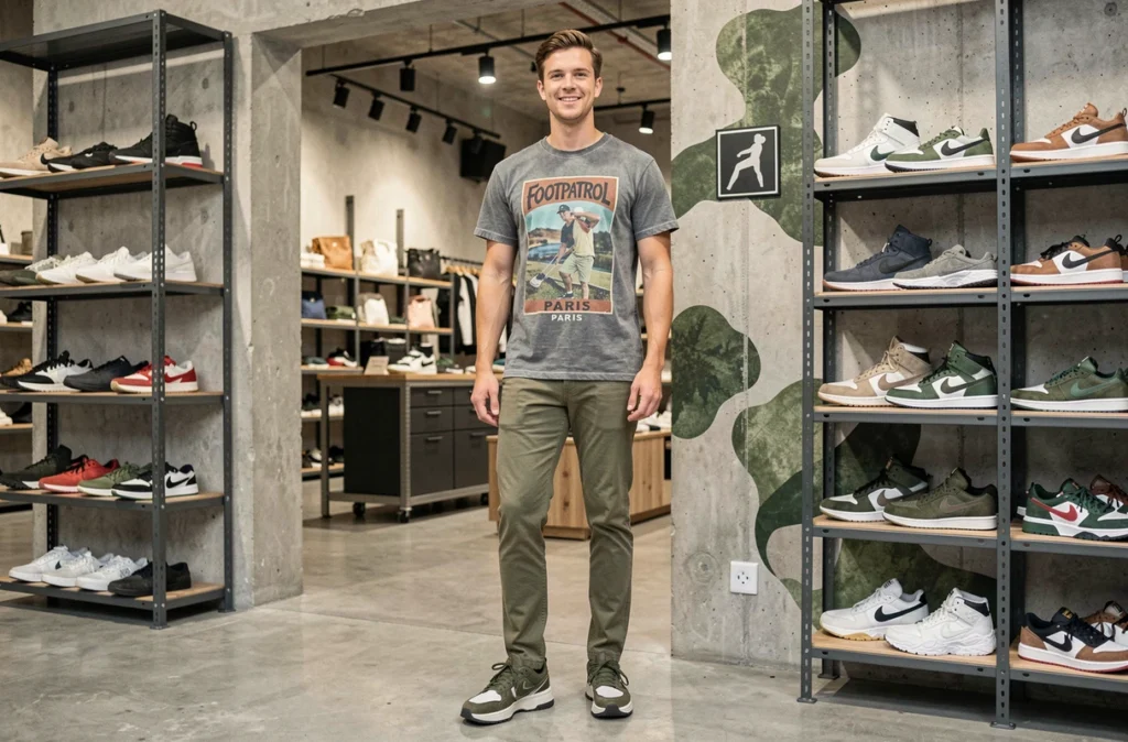 Un homme devant les présentoirs d'entrée de Footpatrol Paris, boutique internationale de sneakers au style industriel et identité visuelle camouflage