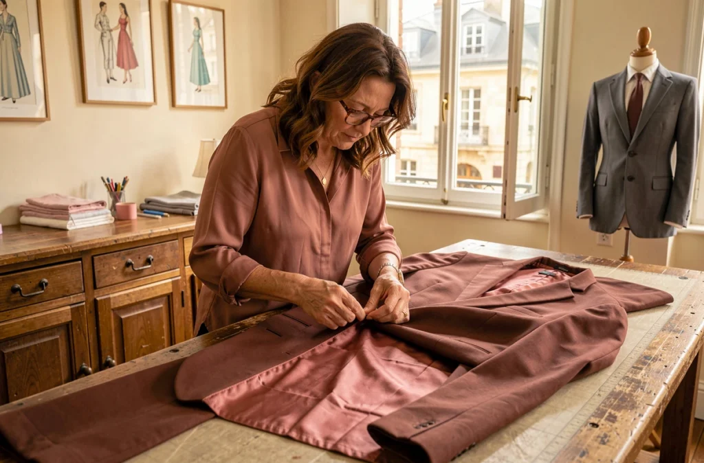 Couturière d'Ideal Couture Angoulême finissant à la main la doublure d'une veste tailleur dans un atelier traditionnel