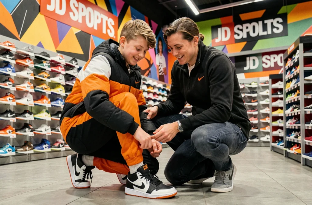 Un adolescent essaie des sneakers de basketball avec l'aide d'un vendeur chez JD Sports aux Ulis, grande enseigne de sport et de sneakers