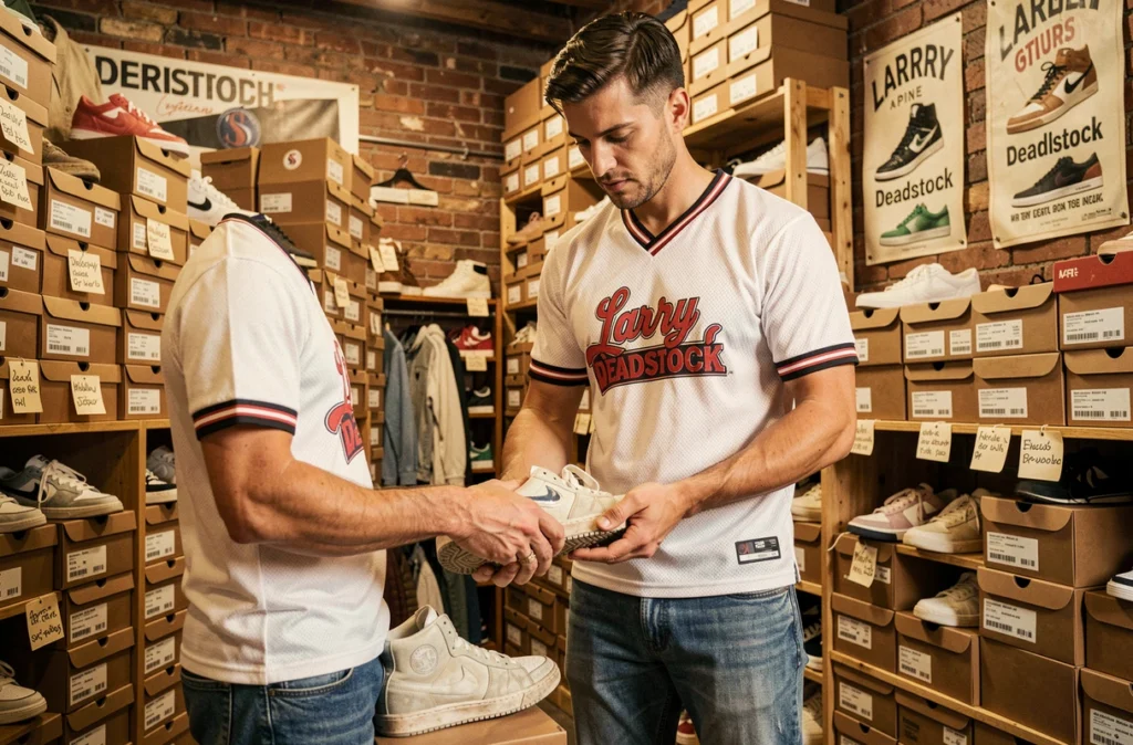 Un collectionneur inspecte une paire de sneakers deadstock chez Larry Deadstock, boutique spécialisée dans les sneakers vintage neuves non portées