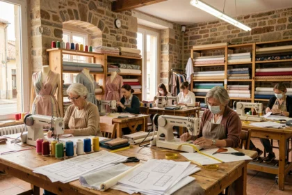 Atelier de couture artisanal en Nouvelle-Aquitaine avec plusieurs couturières travaillant sur des machines à coudre entourées de tissus et accessoires de couture