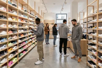 Vue intérieure d'un magasin de baskets moderne en Île-de-France avec des étagères remplies de sneakers colorées et des clients qui parcourent les rayons