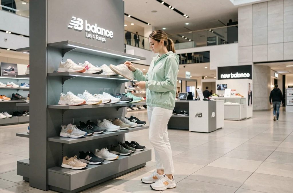 Une femme examine une sneaker New Balance au magasin New Balance des 4 Temps à La Défense, espace dédié aux collections running et lifestyle