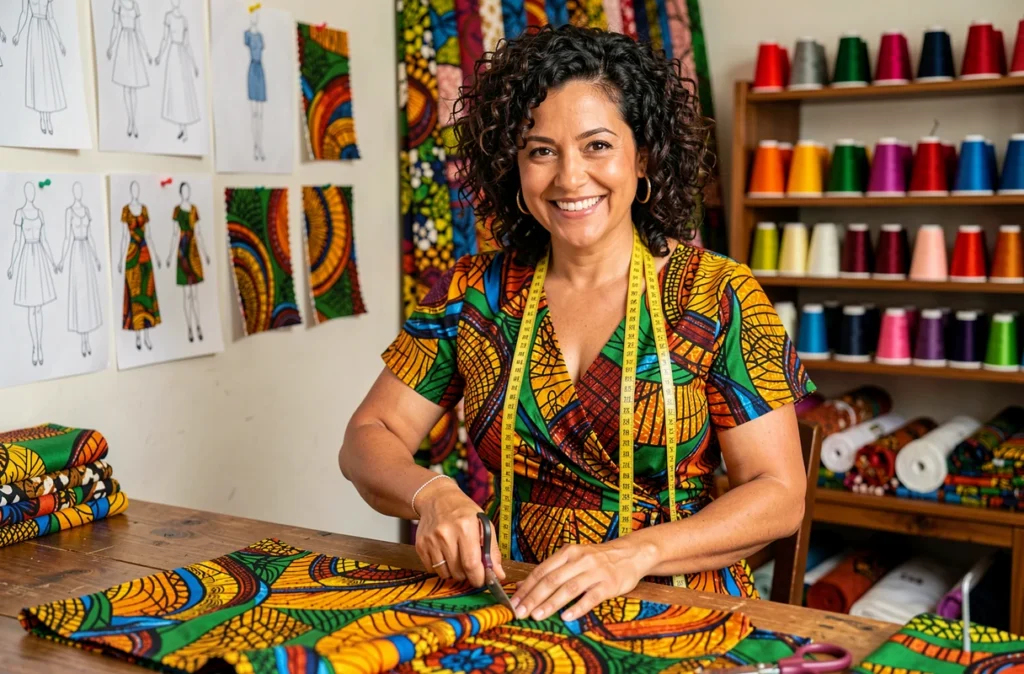 Couturière de Ntl Création Aux P'tites Mains découpant un tissu wax coloré dans un atelier de création multiculturel