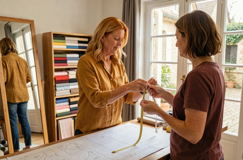Couturière de O De Sur Mesure Angoulême prenant les mesures d'une cliente dans un atelier de couture personnalisée avec des échantillons de tissus