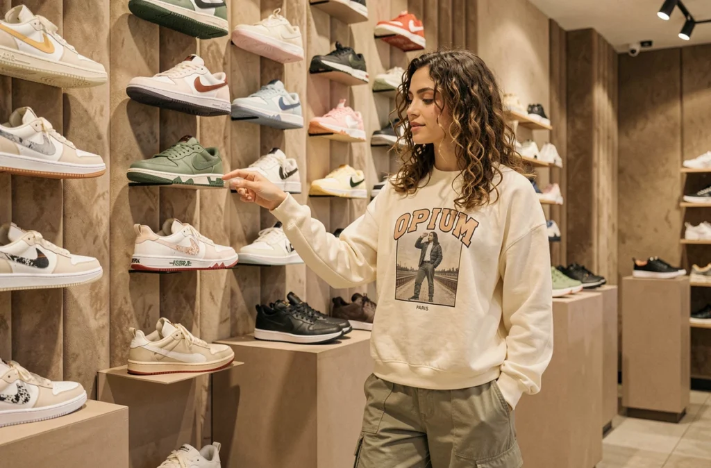 Une jeune femme explore le mur de sneakers premium dans le magasin Opium Paris, boutique parisienne haut de gamme