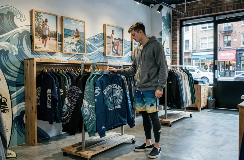 Boutique Quiksilver à Lille avec un jeune homme en vêtements de glisse urbaine parcourant des vestes techniques
