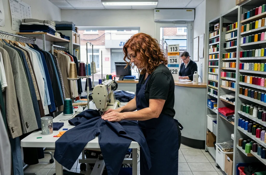 Couturière de Rapid'Couture Mérignac travaillant sur une machine à coudre industrielle dans un atelier d'retouche urbain animé