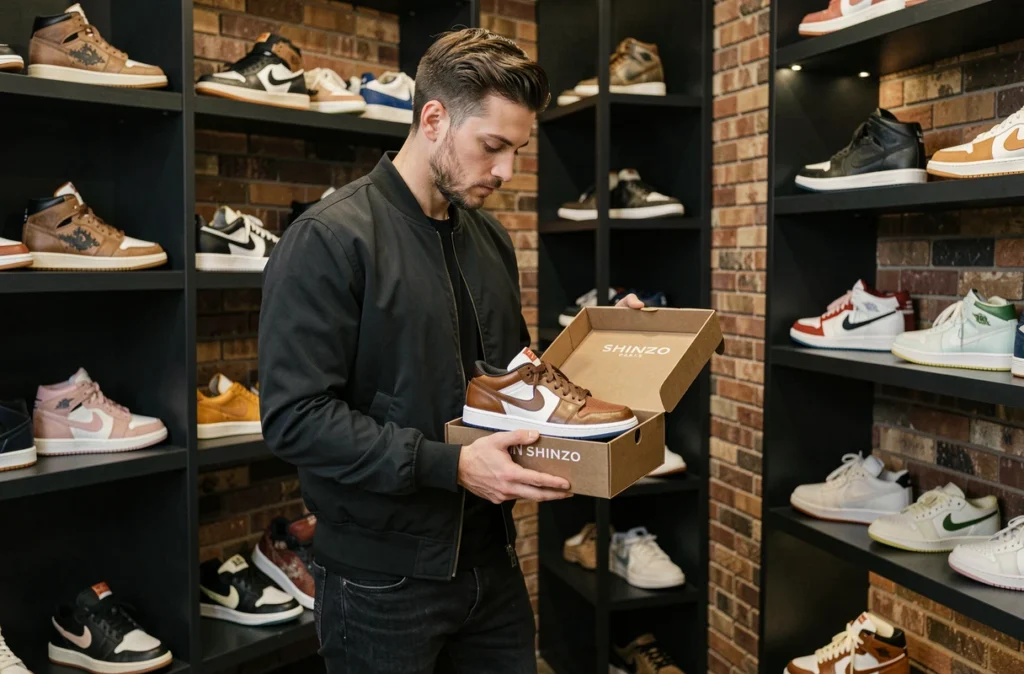 Un client examine une sneaker rare dans la boutique Shinzo Paris, spécialisée dans les éditions limitées et collaborations exclusives