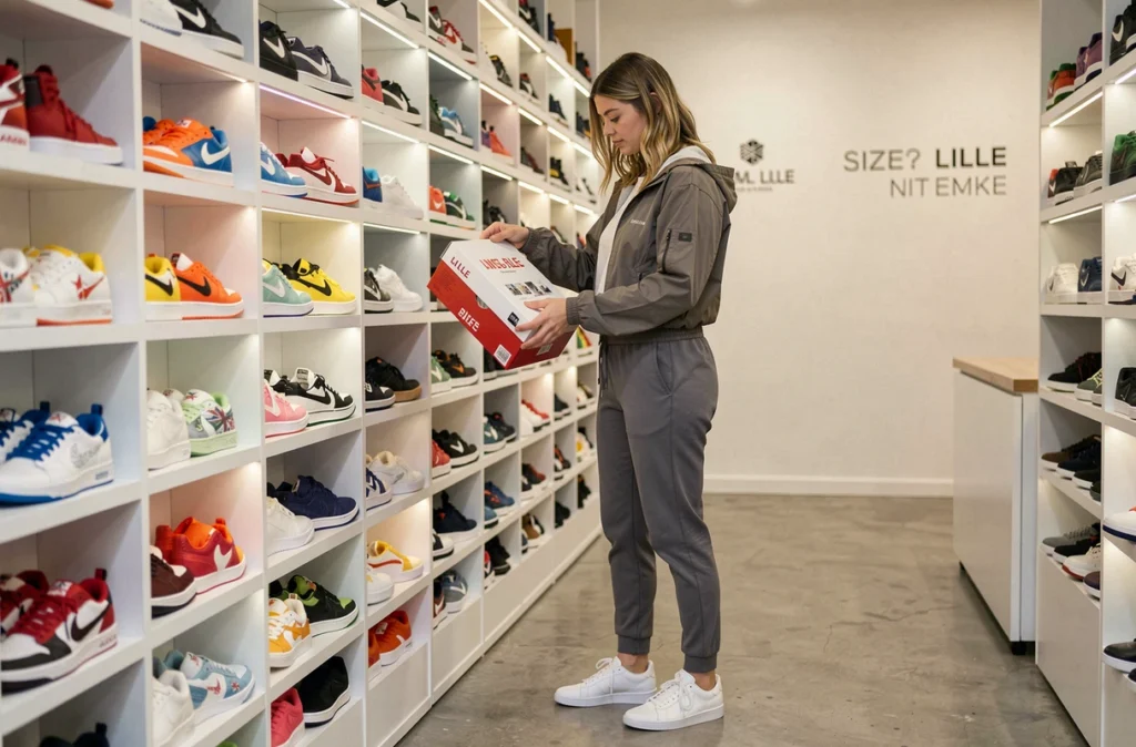 Intérieur du retailer Size? à Lille avec une jeune femme choisissant des sneakers sur un mur d'exposition