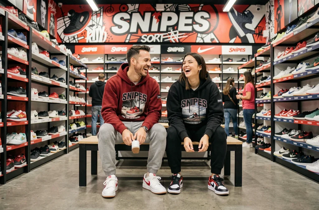 Deux amis essaient des sneakers en riant sur un banc chez Snipes, enseigne urbaine de sportswear et de sneakers tendance
