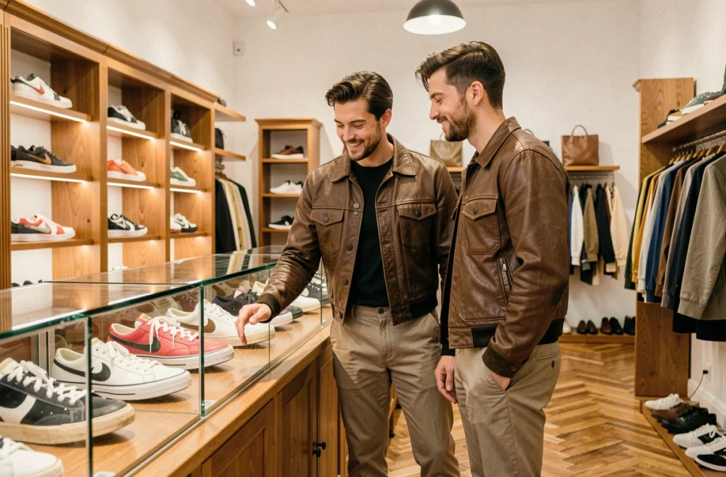 Un couple admire une sneaker de collection vintage dans une vitrine en verre chez Starcow Paris, boutique lifestyle et sneakers haut de gamme