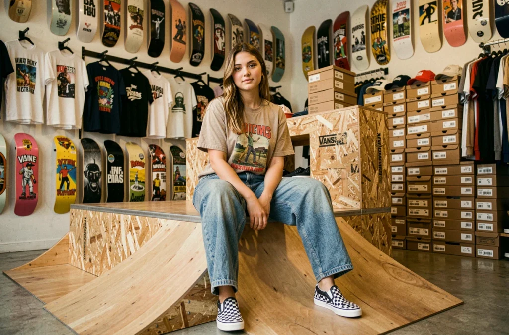 Boutique Vans à Lille avec une jeune femme en sneakers et tenue skate dans un espace au décor skate culture