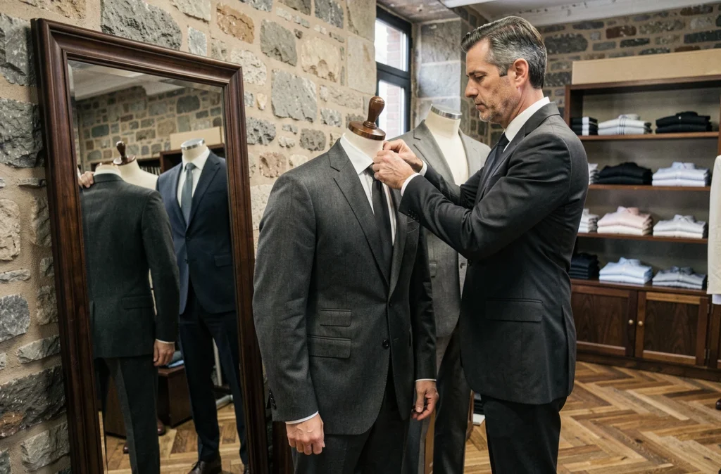 Vendeur aidant un client à essayer un costume gris dans un atelier de couture pour hommes à Paris