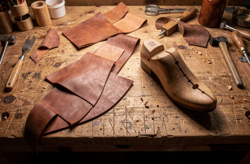 Établi d'atelier avec cuir découpé et forme en bois pour chaussures