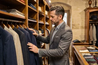 Homme élégant en train de choisir un costume dans une boutique de costumes parisienne au décor classique