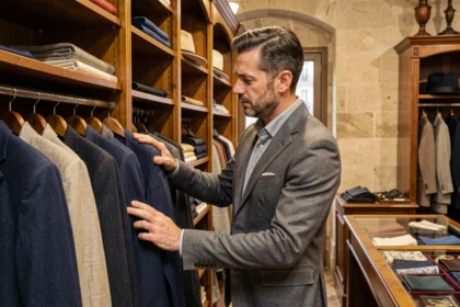 Homme élégant en train de choisir un costume dans une boutique de costumes parisienne au décor classique