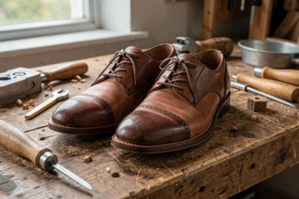 Paire de chaussures en cuir faites main sur un établi en bois
