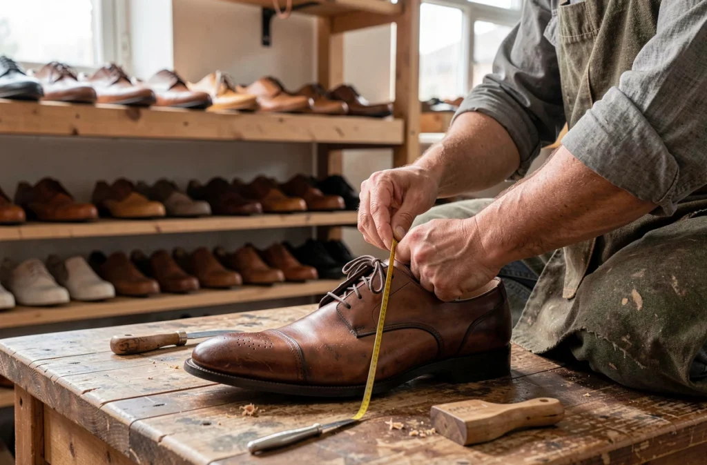 Prise de mesures du pied dans un atelier de bottier avec formes en bois